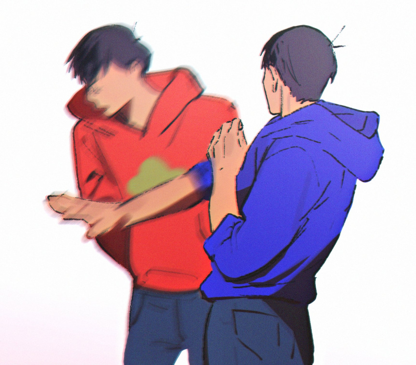 2boys black_hair blue_hoodie bowl_cut brothers highres hitting hood hoodie male_focus matsuno_karamatsu matsuno_osomatsu matusnow meme motion_blur multiple_boys osomatsu-kun osomatsu-san red_hoodie short_hair siblings slapping twins will_smith_slapping_chris_rock_(meme)