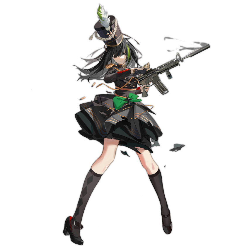 1girl assault_rifle black_dress black_footwear black_hair black_socks bow bullet closed_mouth colored_shoe_interior dress dress_bow floating_hair full_body girls'_frontline green_bow green_hair grey_eyes gun hat hat_feather highres holding holding_gun holding_magazine_(weapon) holding_weapon kneehighs legs_apart long_hair long_sleeves looking_at_viewer m4_carbine m4a1_(girls'_frontline) m4a1_(sunshine_through_the_pines)_(girls'_frontline) magazine_(weapon) marching_band multicolored_hair nunuan official_alternate_costume official_art rifle shako_cap shoe_dangle simple_background smile smoke smoking_gun socks solo standing straight-on streaked_hair torn_bow torn_clothes torn_dress transparent_background trigger_discipline weapon