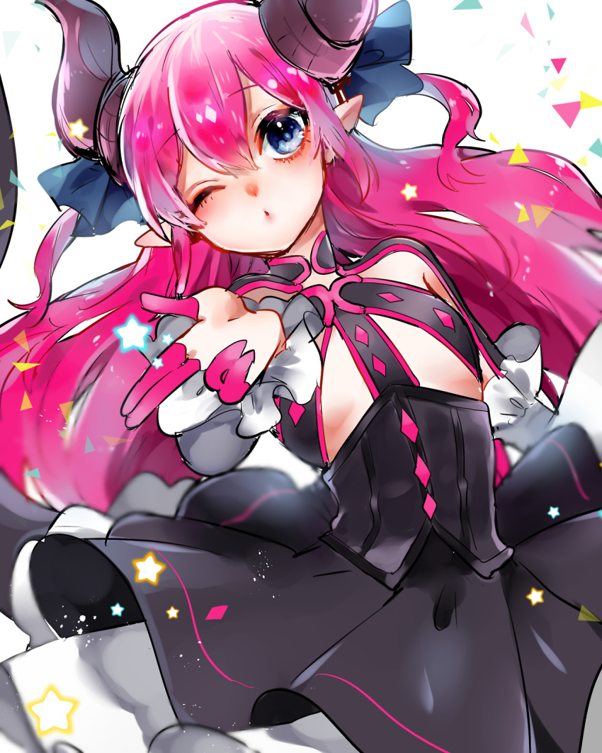 ;o black_collar black_corset black_dress black_horns blue_bow blue_eyes bow breasts buttons circle_skirt collar corset detached_sleeves diamond_button dragon_tail dress elizabeth_bathory_(fate) elizabeth_bathory_(first_ascension)_(fate) eyelashes fate/grand_order fate_(series) frilled_dress frilled_sleeves frills hair_bow highres horns light_blush long_hair long_sleeves looking_at_viewer one_eye_closed open_mouth outstretched_hand pink_hair pink_nails pointy_ears short_dress simple_background small_breasts star_(symbol) suzune_hapinesu tail triangle two_side_up underboob very_long_hair white_background white_sleeves