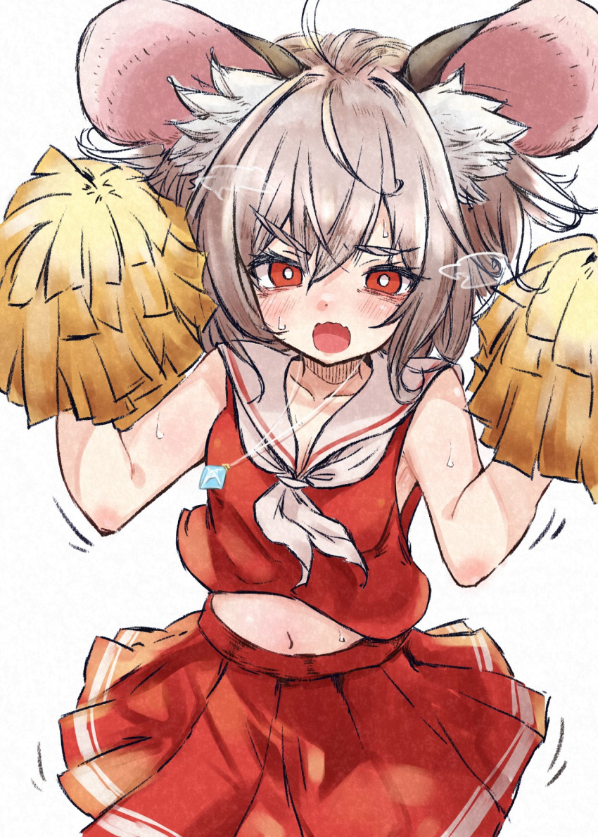 1girl animal_ear_fluff animal_ears blush cheering cheerleader collarbone deal360acv grey_hair hair_between_eyes highres holding holding_pom_poms looking_at_viewer mouse_ears navel nazrin neckerchief open_mouth pleated_skirt pom_pom_(cheerleading) red_eyes red_skirt short_hair simple_background skirt solo touhou white_background white_neckerchief