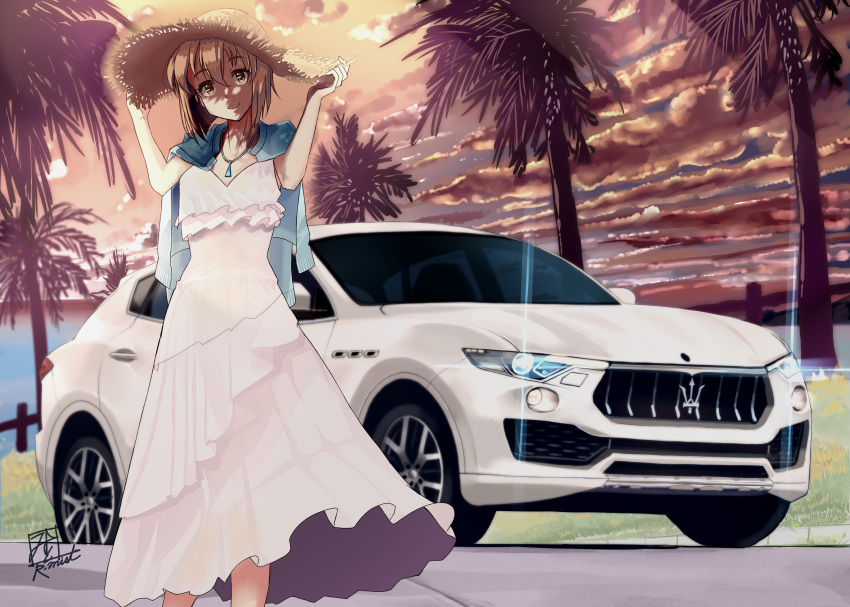 1girl absurdres artist_name blue_cardigan breasts brown_hair cardigan cardigan_on_shoulders cloud dress glowing hair_between_eyes hand_on_headwear hat head_tilt highres jewelry looking_at_viewer maserati maserati_levante mistrail necklace original outdoors palm_tree shadow sky small_breasts smile solo sports_utility_vehicle straw_hat sun_hat tree vehicle_focus white_dress