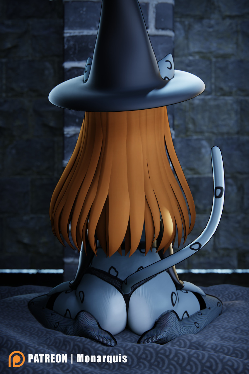 3d_(artwork) absurd_res anthro areola black_clothing breasts castle clothing digital_media_(artwork) felid female hair halloween_costume hat headgear headwear hi_res holidays lingerie magic_user mammal momo_(monarquis) monarquis pantherine rear_view red_hair snow_leopard solo witch witch_costume witch_hat