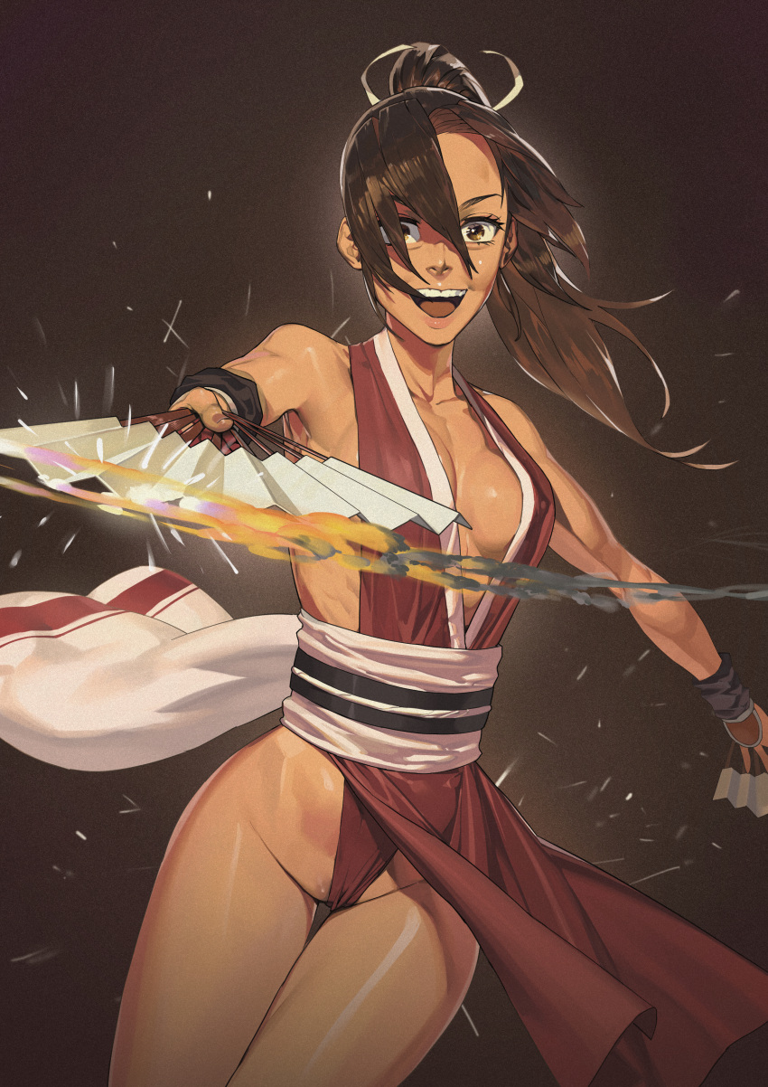 1girl :d absurdres arm_guards armpits backless_dress backless_outfit bare_shoulders black_wristband breasts brown_background brown_eyes brown_hair cleavage commentary cowboy_shot dark-skinned_female dark_skin dress dual_wielding eyelashes fatal_fury film_grain fire flame floating_clothes floating_hair folding_fan groin hair_over_one_eye hair_ribbon halterneck hand_fan high_ponytail highres holding holding_fan holding_weapon japanese_clothes leaning_to_the_side lips long_hair looking_at_viewer lopy0120 medium_breasts ninja nose obi pelvic_curtain plunging_neckline ponytail red_dress revealing_clothes ribbon sash shiranui_mai sideboob smile smoke solo sparks tan teeth the_king_of_fighters thigh_gap thighs toned upper_teeth_only weapon white_ribbon white_sash wide-eyed