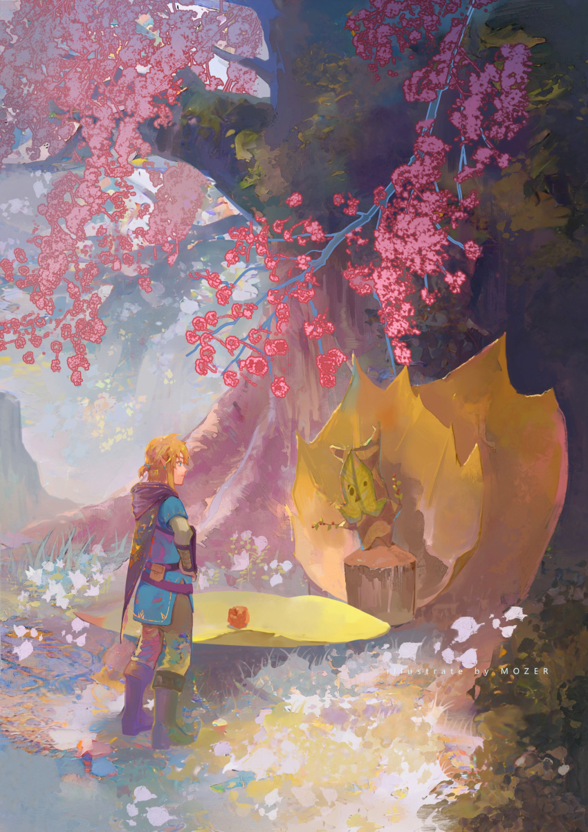 1boy absurdres blue_tunic boots cherry_blossoms highres korok leather leather_boots light_brown_hair link mozer_(zerlinda) nature pointy_ears scenery short_ponytail the_legend_of_zelda the_legend_of_zelda:_breath_of_the_wild tree wide_shot