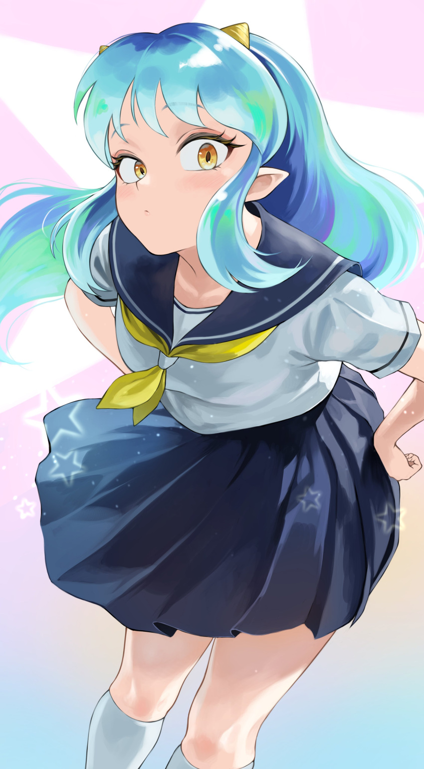 1girl absurdres blue_hair blue_sailor_collar blue_skirt commentary fengling_(furin-jp) highres horns kneehighs long_hair looking_at_viewer lum neckerchief oni oni_horns pleated_skirt pointy_ears sailor_collar school_uniform serafuku skirt socks solo star_(symbol) urusei_yatsura yellow_eyes yellow_neckerchief