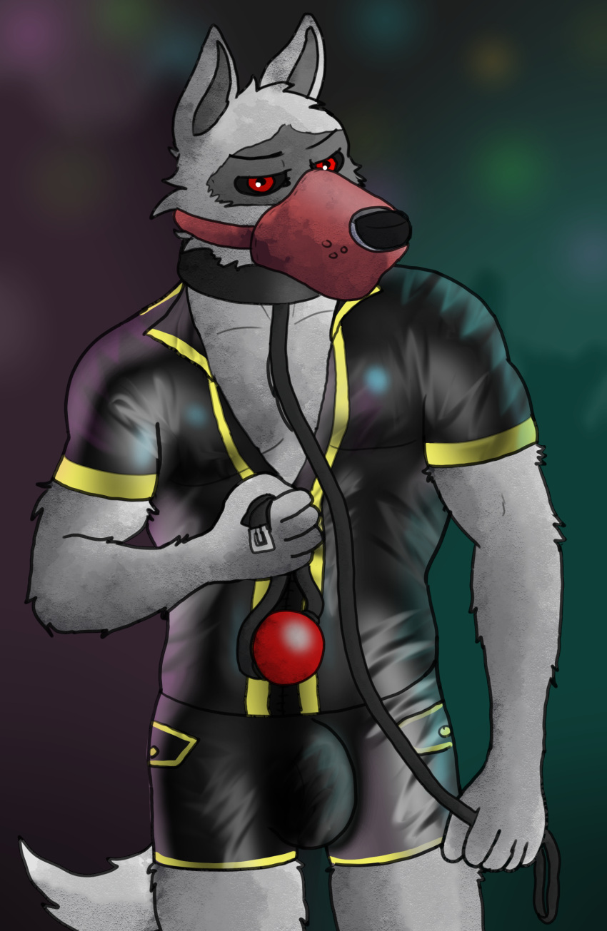 absurd_res ambiguous_position anthro ball_gag bdsm biceps bondage bound bulge canid canine canis clothed clothing collar death_(puss_in_boots) dominant exposed_chest gag gagged hi_res latex latex_clothing leash male mammal muscular muzzle_(object) muzzled ollieotty partially_clothed party pecs solo submissive tight_clothing wolf