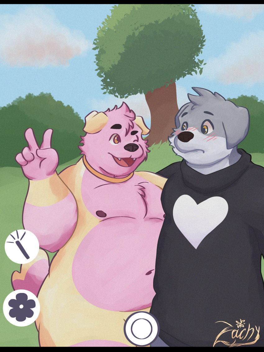 absurd_res anthro canid canine canis clothed clothed/nude clothing convenient_censorship domestic_dog duo grey_body hi_res huge_filesize male male/male mammal nude pink_body selfie slightly_chubby sweater topwear vainillo_(zachyy) yellow_eyes