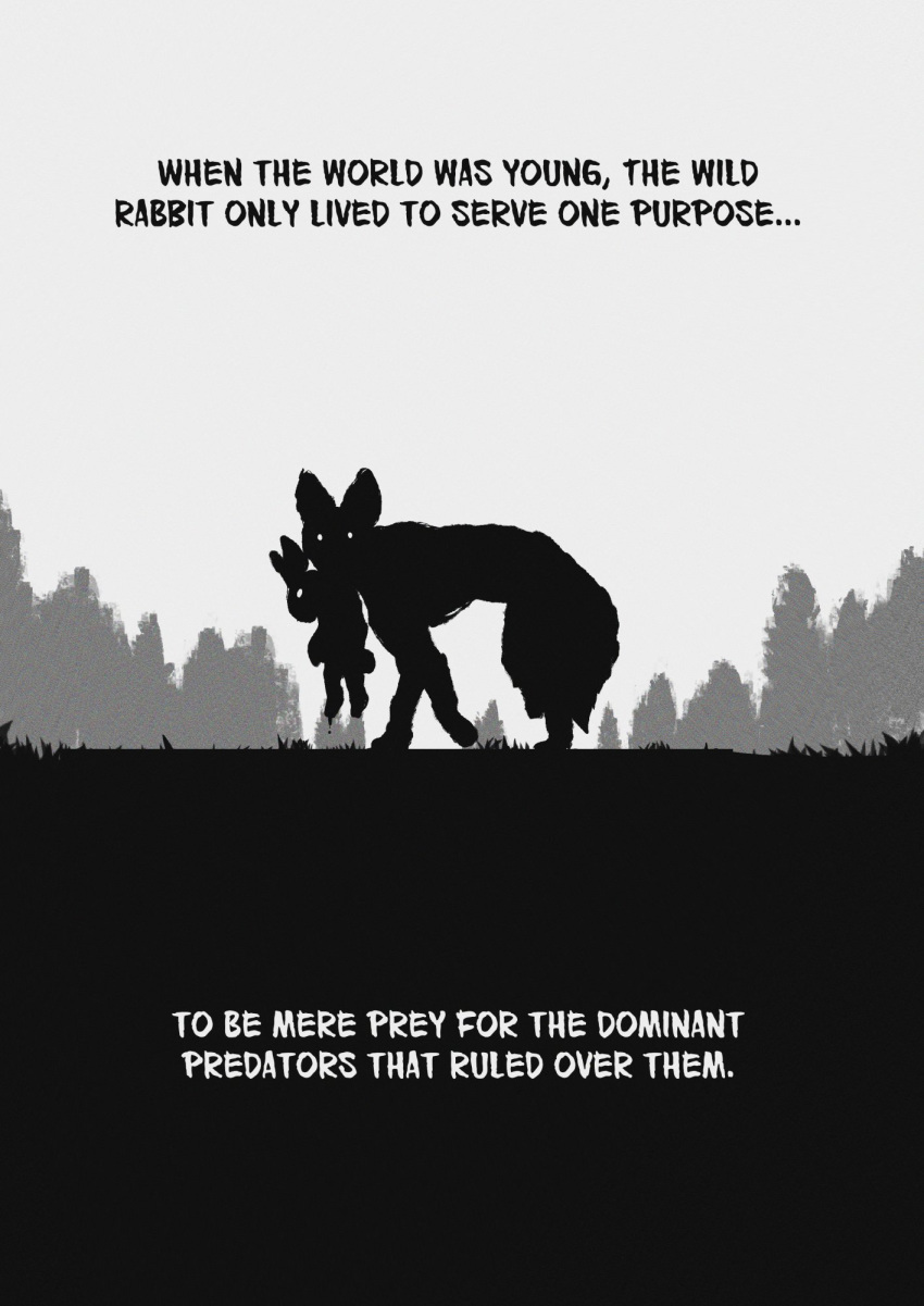 2023 ambiguous_gender canid canine comic death duo english_text feral fox greyscale hi_res lagomorph leporid mammal monochrome peculiart predator/prey rabbit silhouette simple_background text