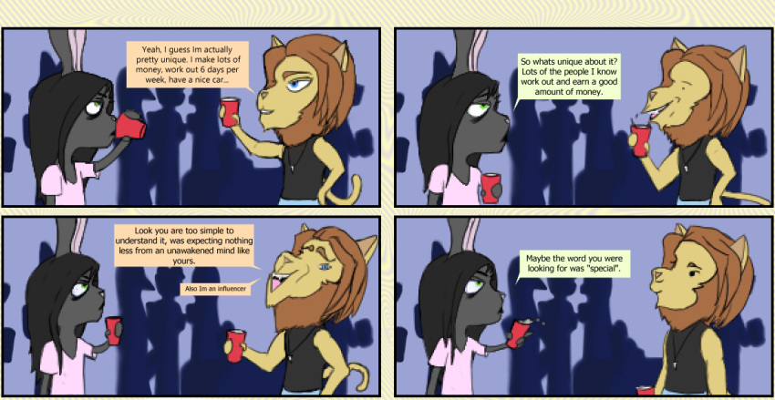 anthro beverage bunnyoffee_(artist) bunnyoffee_(character) clothed clothing comic container cup dialogue drinking english_text felid feline hair humor lagomorph leporid lion male mammal pantherine rabbit simple_background text