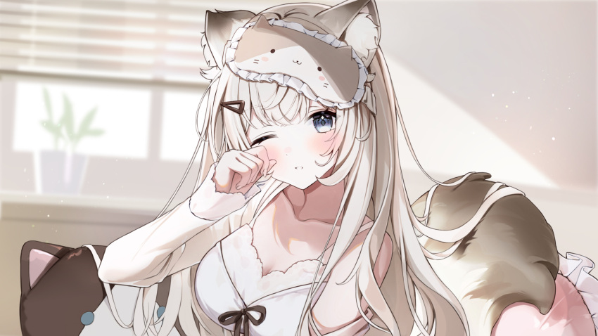 1girl animal_ear_fluff animal_ears bare_shoulders blinds blue_eyes blush breasts cat_ears cat_girl cat_pillow cat_tail character_request cleavage collarbone desk dot_nose eumi_114 hair_ornament hairclip highres indie_virtual_youtuber indoors large_breasts long_bangs long_hair looking_at_viewer morning one_eye_closed parted_lips rubbing_eyes shirt sidelocks sleep_mask sleepy sleeveless sleeveless_shirt solo straight_hair tail teeth upper_body virtual_youtuber white_hair white_shirt window