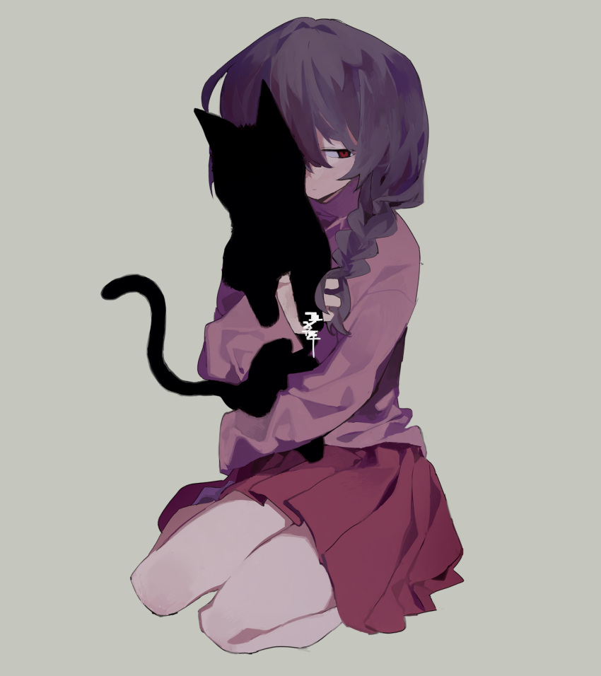 1girl animal animal_hug black_cat braid brown_hair cat closed_mouth commentary_request empty_eyes expressionless full_body hair_over_shoulder half-closed_eyes higa423 highres holding holding_animal holding_cat kneeling light_brown_background long_hair long_sleeves looking_to_the_side madotsuki pink_sweater pleated_skirt red_eyes red_skirt shoes simple_background skirt solo sweater turtleneck turtleneck_sweater unusually_open_eyes yume_nikki