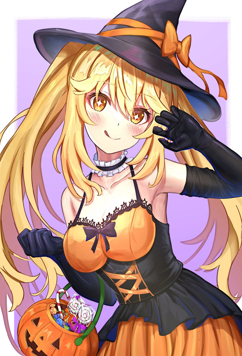 1girl :p absurdres arched_back black_corset black_headwear blonde_hair breasts candy choker commentary_request corset dress elbow_gloves food frilled_choker frills gloves halloween_bucket halloween_costume hand_up hat highres large_breasts long_hair looking_at_viewer nonoa-cg orange_dress shokuhou_misaki simple_background solo sparkling_eyes toaru_kagaku_no_mental_out toaru_kagaku_no_railgun toaru_majutsu_no_index tongue tongue_out witch witch_hat yellow_eyes