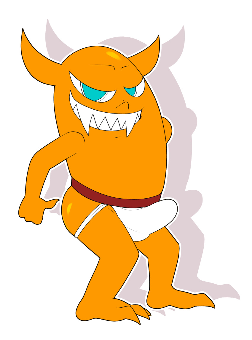 2_horns absurd_res blue_eyes clothed clothing demon erection erection_under_clothing hi_res horn jerseydevil jockstrap male orange_body orange_horn orange_skin ownage_pranks simple_background solo teeth underwear white_background