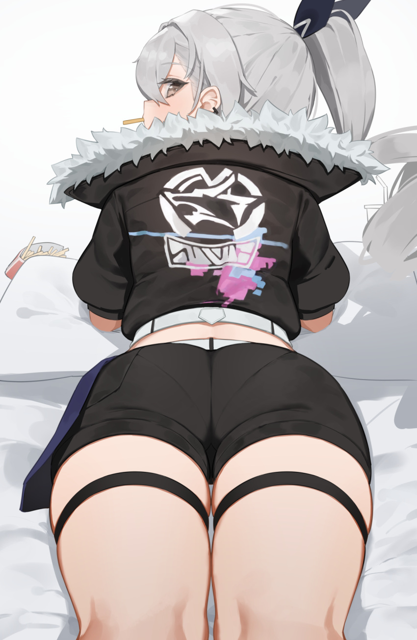 1girl arched_back ass black_jacket black_shorts cropped_jacket drill_hair drill_ponytail earrings eating flasso food french_fries from_behind fur-trimmed_jacket fur_trim grey_eyes grey_hair hair_between_eyes highres honkai:_star_rail honkai_(series) jacket jewelry kneepits long_hair looking_at_viewer looking_back lying mouth_hold on_stomach pantylines profile puffy_short_sleeves puffy_sleeves short_shorts short_sleeves shorts silver_wolf_(honkai:_star_rail) solo thick_thighs thigh_gap thigh_strap thighs