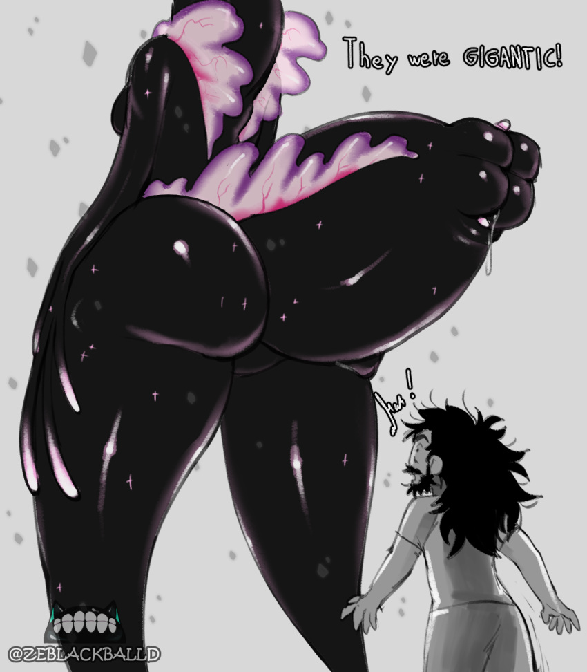 alien beard big_butt black_body black_hair breasts butt duo english_text facial_hair female hair hi_res human larger_female male mammal not_furry nude orifice size_difference smaller_human smaller_male text the_wanderer thick_thighs ze_blackball.d