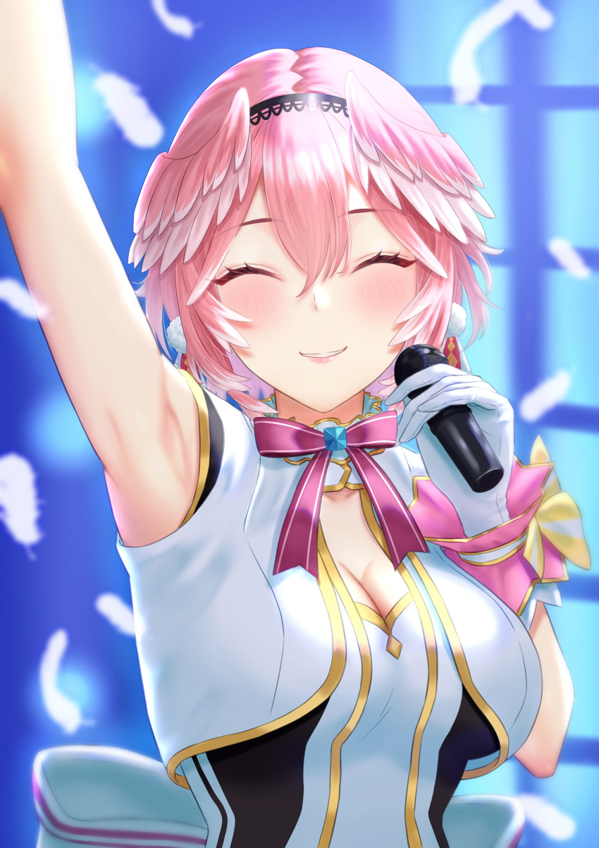 1girl absurdres arm_up armpits back_bow black_hairband bow bowtie breasts cleavage cleavage_cutout closed_eyes clothing_cutout cropped_jacket earrings falling_feathers gloves gold_trim hairband head_wings highres holding holding_microphone hololive idol idol_clothes jewelry large_breasts mary_is_mine microphone pink_bow pink_bowtie pink_hair pom_pom_(clothes) pom_pom_earrings short_hair solo takane_lui two-tone_dress upper_body virtual_youtuber white_bow white_gloves wings