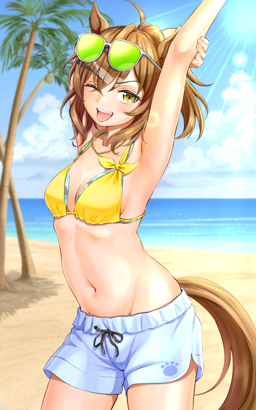 1girl ;d ahoge animal_ears armpits arms_up bare_shoulders beach bikini bikini_shorts blue_shorts blue_sky breasts brown_hair cleavage cloud collarbone commentary_request cowboy_shot day earrings eyewear_on_head green-tinted_eyewear groin hair_between_eyes hair_ornament hairclip highres horse_ears horse_girl horse_tail jewelry jungle_pocket_(tobuze_hot_summer!)_(umamusume) jungle_pocket_(umamusume) layered_bikini looking_at_viewer medium_hair midriff navel necklace ocean official_alternate_costume official_alternate_hairstyle one_eye_closed open_mouth outdoors palm_tree ponytail ribs shorts sidelocks single_earring sky small_breasts smile solo standing summer's_sunlight_fades_to_blue_(umamusume) sunglasses sunlight swimsuit tail teeth tinted_eyewear tongue tongue_out tree umamusume umino_haruka_(harukaumino6) upper_teeth_only yellow_bikini yellow_eyes