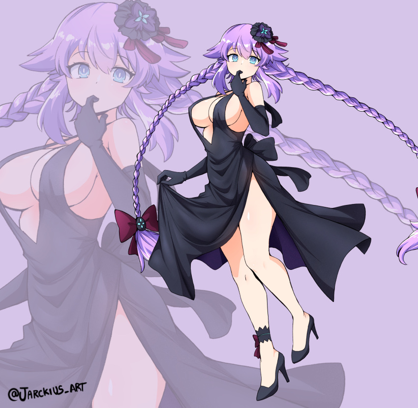 1girl absurdres bare_shoulders black_dress black_footwear blue_eyes blush bow braid breasts choujigen_game_neptune cleavage d-pad d-pad_hair_ornament dress elbow_gloves finger_to_mouth full_body gloves hair_ornament high_heels highres jarckius large_breasts long_hair looking_at_viewer neptune_(series) official_alternate_costume power_symbol power_symbol-shaped_pupils purple_background purple_hair purple_heart purple_heart_(goddesses'_promise) ribbon skirt_hold smile solo symbol-shaped_pupils twin_braids twitter_username very_long_hair zoom_layer
