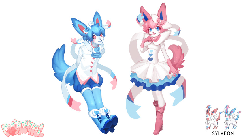 &lt;3 16:9 accessory ambiguous_gender anthro black_nose blue_body blue_eyes blue_fur boots bottomwear bow_accessory bow_ribbon bow_tie clothing colored cravat dancewear dollightful dress dress_shirt duo eeveelution eyelashes female fluffy fluffy_tail footwear full-length_portrait fur generation_6_pokemon girly gloves_(marking) hair hair_accessory hair_bow hair_ribbon hi_res lips long_ears markings multicolored_body multicolored_fur nintendo pink_body pink_eyes pink_fur pink_hair pokemon pokemon_(species) portrait pose ribbons ribbons_(anatomy) shaded shirt short_hair shorts skirt smile sylveon tail topwear tutu white_body white_fur widescreen