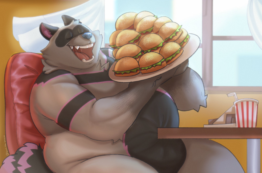 2023 anthro belly big_belly biped black_nose burger detailed_background eyes_closed food grey_body hi_res inside mammal obese overweight procyonid raccoon sitting smollsaid solo