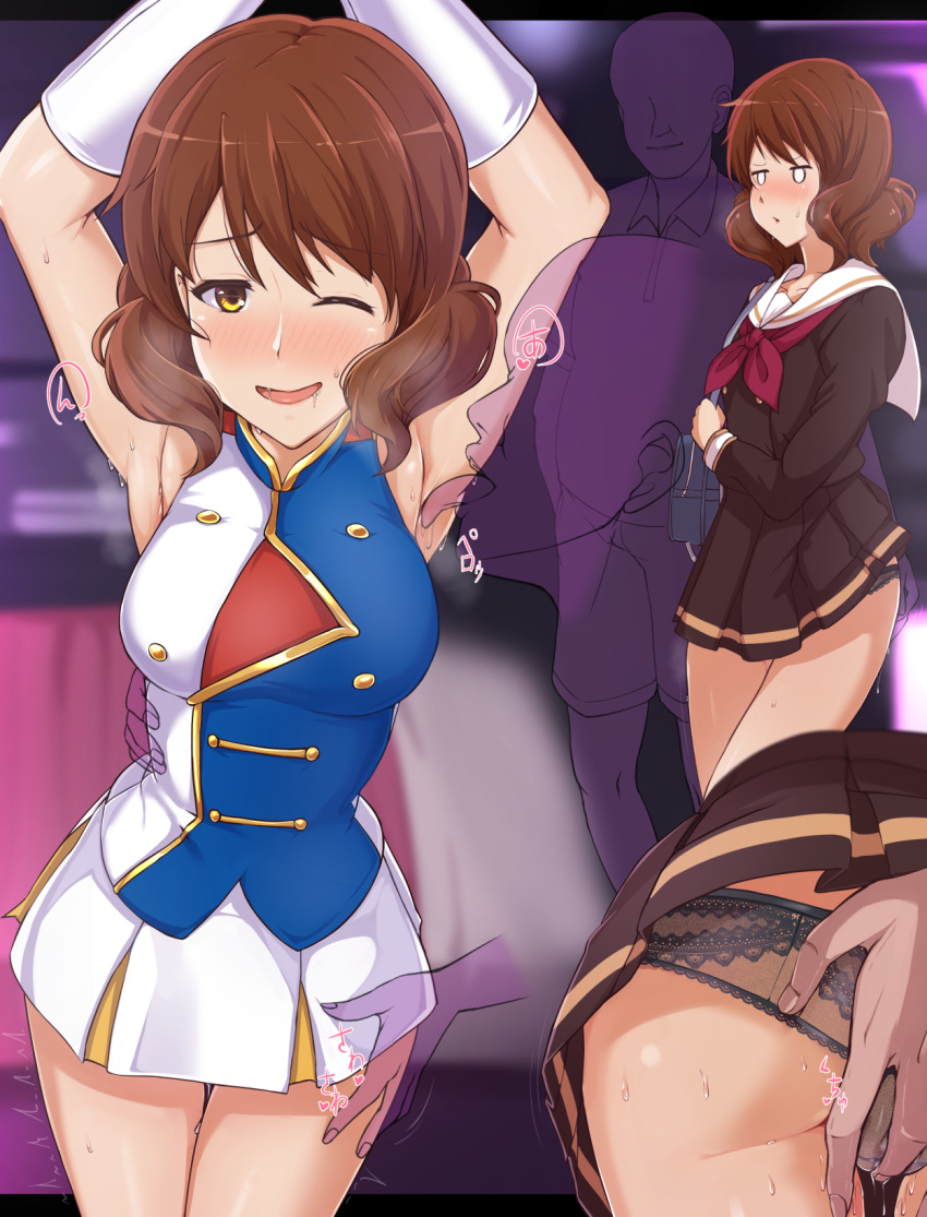 1boy 1girl armpits arms_up ass_grab black_panties blank_eyes blush brown_hair buttons faceless faceless_male fingering gloves hand_on_another's_thigh hand_on_another's_waist hetero hibike!_euphonium highres licking licking_armpit nose_blush open_mouth oumae_kumiko panties pussy_juice sailor saliva school_uniform serafuku skirt sleeveless smile sweat translation_request twogie underwear white_gloves white_skirt yellow_eyes