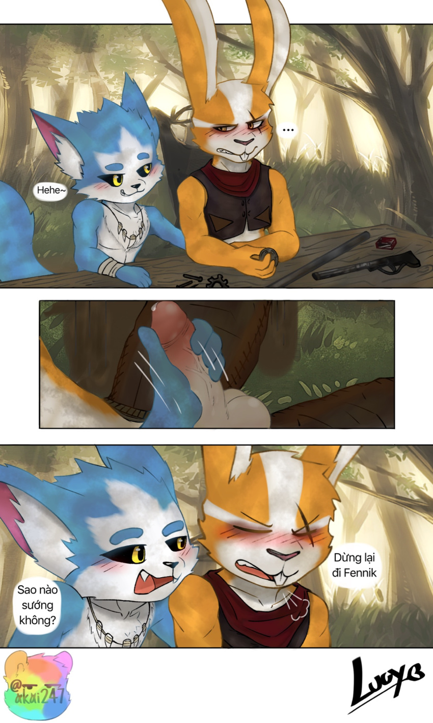 akai247 anthro asking_another blush bottomless canid canine clothed clothing comic_panel credits dialogue dominant dominant_male duo eye_scar facial_scar fangs fennik_(arena_of_valor) fox gun handjob head_tuft hi_res inner_ear_fluff jewelry lagomorph leporid male male/male mammal necklace penile rabbit ranged_weapon scar sex slimz_(arena_of_valor) smaller_dom speech_bubble stroking_penis submissive submissive_male teeth text translated tuft until_they_like_it vietnamese_text weapon