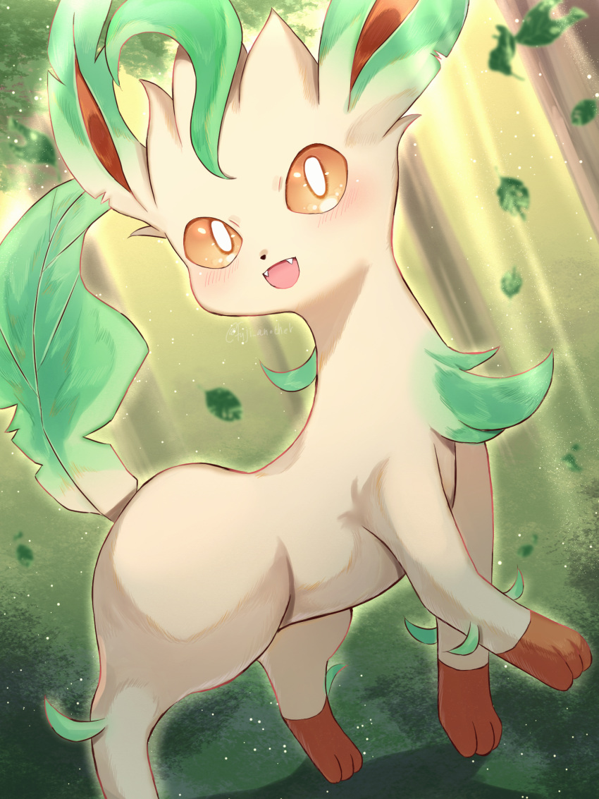 brown_eyes commentary_request falling_leaves fangs forest highres katsukare leaf leafeon looking_at_viewer nature no_humans open_mouth pokemon pokemon_(creature) smile solo sunlight tree
