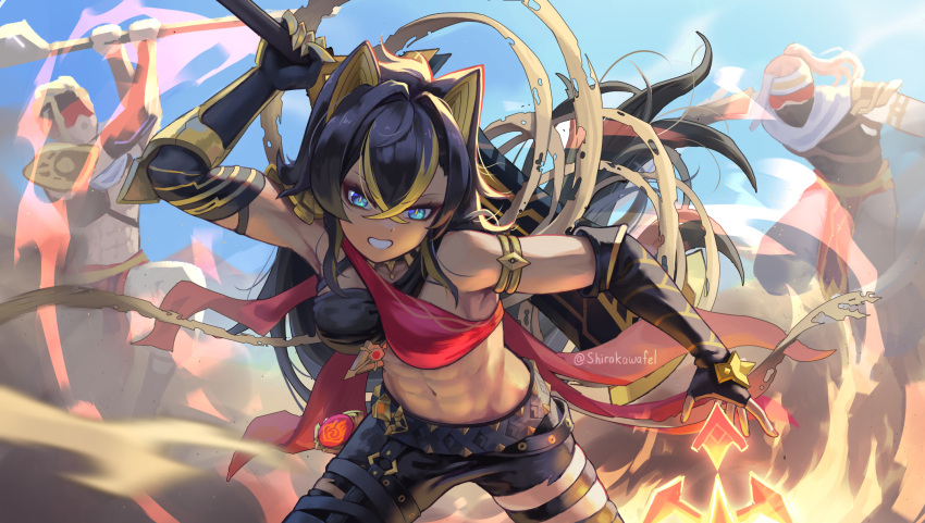 1girl 2boys abs armlet armpits asymmetrical_pants battle belt bent_over black_gloves black_hair black_pants blindfold blue_eyes blue_sky claymore_(sword) cloud cloudy_sky colored_inner_hair commentary_request dehya_(genshin_impact) depressed dessert elbow_gloves eremite_daythunder_(genshin_impact) eremite_sunfrost_(genshin_impact) fighting_stance fingerless_gloves food genshin_impact gloves greatsword hair_between_eyes highres holding holding_polearm holding_sword holding_weapon long_hair looking_at_another looking_away mask mouth_mask multicolored_hair multiple_boys navel pants polearm pussy shirakawafel sidelocks sky sleeveless spread_pussy stomach sword two-tone_hair vision_(genshin_impact) weapon