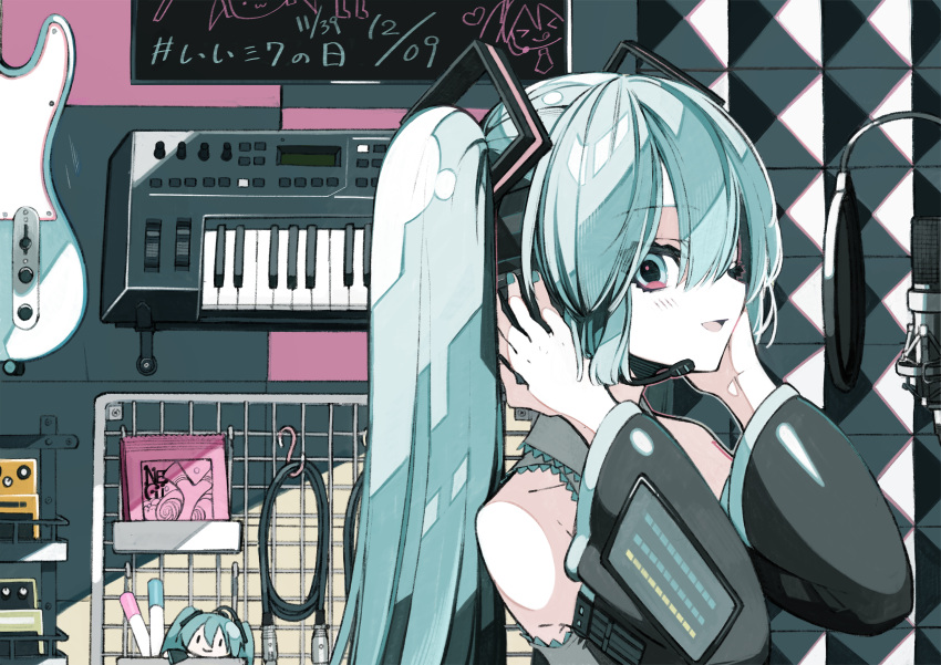 1girl aqua_eyes aqua_hair aqua_nails bare_shoulders black_sleeves blue_trim cable collared_shirt detached_sleeves grey_shirt guitar hair_between_eyes hair_ornament hands_up hatsune_miku headset highres indoors instrument keyboard_(instrument) light_blush long_hair long_sleeves looking_at_viewer looking_to_the_side microphone nail_polish one_eye_closed open_mouth pop_filter portrait recording_studio shirt sleeveless sleeveless_shirt smile solo studio_microphone stuffed_toy suzukou twintails vocaloid wide_sleeves