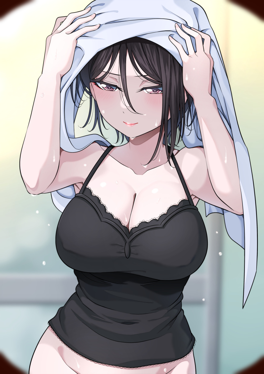 1girl arms_up bang_dream! bare_arms bare_shoulders bathroom black_camisole black_hair blurry blurry_background bottomless breasts camisole cleavage closed_mouth collarbone commentary_request covered_navel cowboy_shot drying drying_hair fingernails groin hair_between_eyes highres holding holding_towel indoors kitayu large_breasts light_blush long_bangs looking_away looking_down out-of-frame_censoring peeking pink_eyes short_hair solo spaghetti_strap standing steam towel towel_on_head water_drop wet wet_hair yashio_rui