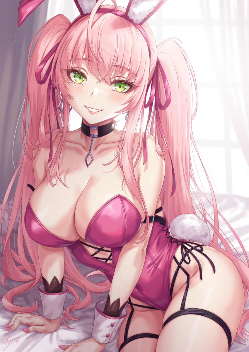 1girl animal_ears black_choker breasts choker cleavage collarbone detached_collar earrings fake_animal_ears green_eyes grin hair_ribbon highres jewelry large_breasts leaning_to_the_side long_hair looking_at_viewer nail_polish original pink_hair pink_nails playboy_bunny rabbit_ears rabbit_tail ribbon sakiyamama smile solo tail twintails very_long_hair wrist_cuffs