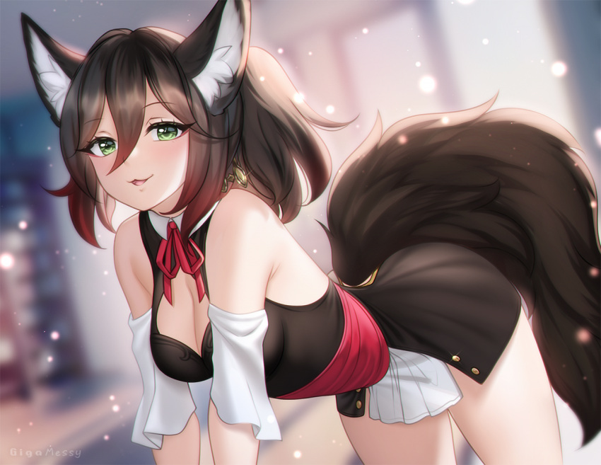 1girl :3 :d animal_ears bare_shoulders black_dress breasts brown_hair cleavage commentary cowboy_shot detached_sleeves dress english_commentary fox_ears fox_tail gigamessy green_eyes honkai:_star_rail honkai_(series) large_tail long_hair looking_at_viewer parted_lips short_dress sleeveless sleeveless_dress smile solo tail thighs tingyun_(honkai:_star_rail)