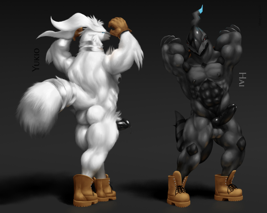 5:4 abs anthro arm_tuft back_muscles balls biceps black_body black_nipples black_penis black_scales blue_eyes blue_glow bodily_fluids boots boots_only butt chest_tuft clothing duo elbow_tuft flexing flexing_both_biceps fluffy fluffy_tail footwear footwear_only fur generation_5_pokemon genital_fluids genitals gloves glowing grey_background grin hai_(tjloog) handwear head_tuft hi_res hip_tuft humanoid knot leather legendary_pokemon long_fur looking_at_viewer male mostly_nude muscular nintendo nipples nude pecs penis pokemon pokemon_(species) pose precum red_eyes reshiram ring scales shoes shoes_only simple_background smile tail text tjloog tuft white_body white_fur yukio_(tjloog) zekrom