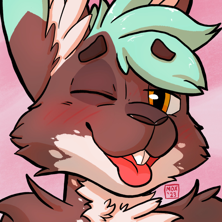 1:1 2023 absurd_res ambiguous_gender anthro blush blush_lines brown_nose buckteeth bust_portrait cheek_tuft facial_tuft front_view fur hair hi_res icon inner_ear_fluff lagomorph leporid looking_at_viewer mammal mox_(moxsully) moxsully nonbinary_(lore) one_eye_closed open_mouth open_smile orange_eyes pink_background portrait rabbit simple_background smile solo teal_hair teeth tongue tongue_out tuft wink winking_at_viewer