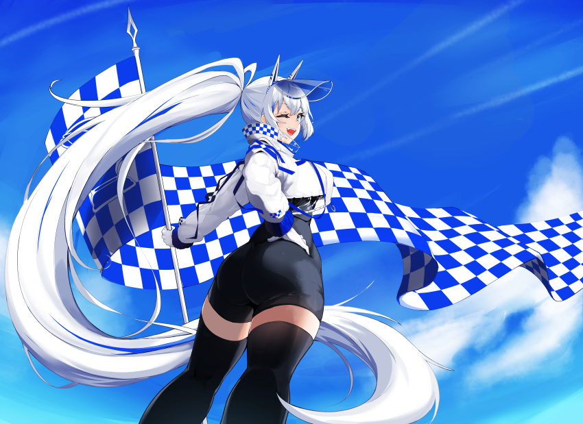 1girl ;d absurdres black_skirt black_thighhighs blue_eyes blue_sky checkered_flag cloud commentary commission english_commentary flag gloves highres long_hair long_sleeves looking_at_viewer mal_(user_yvfe5887) one_eye_closed open_mouth original outdoors ponytail race_queen skirt sky smile solo thighhighs very_long_hair visor_cap white_gloves white_hair