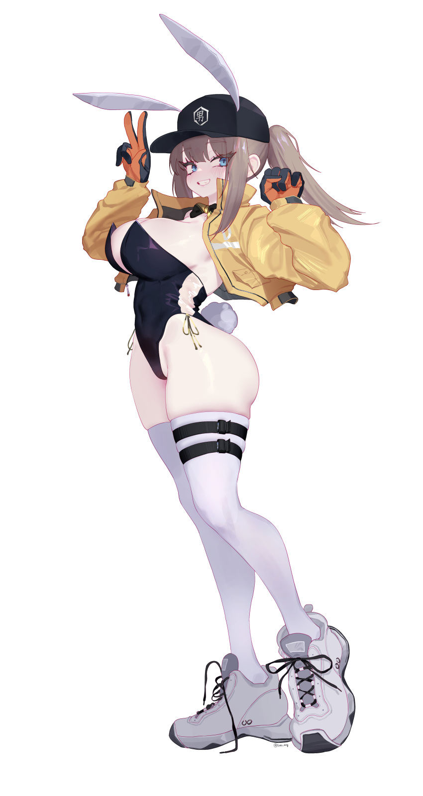 1girl absurdres animal_ears baseball_cap black_headwear black_leotard breasts brown_hair cropped_jacket dima_(girls'_frontline) eonsang fake_animal_ears fake_tail full_body girls'_frontline gloves hat high_ponytail highres jacket large_breasts leotard long_hair long_sleeves playboy_bunny rabbit_ears rabbit_tail shoes simple_background sneakers solo standing tail thighhighs v white_background white_footwear white_thighhighs yellow_jacket