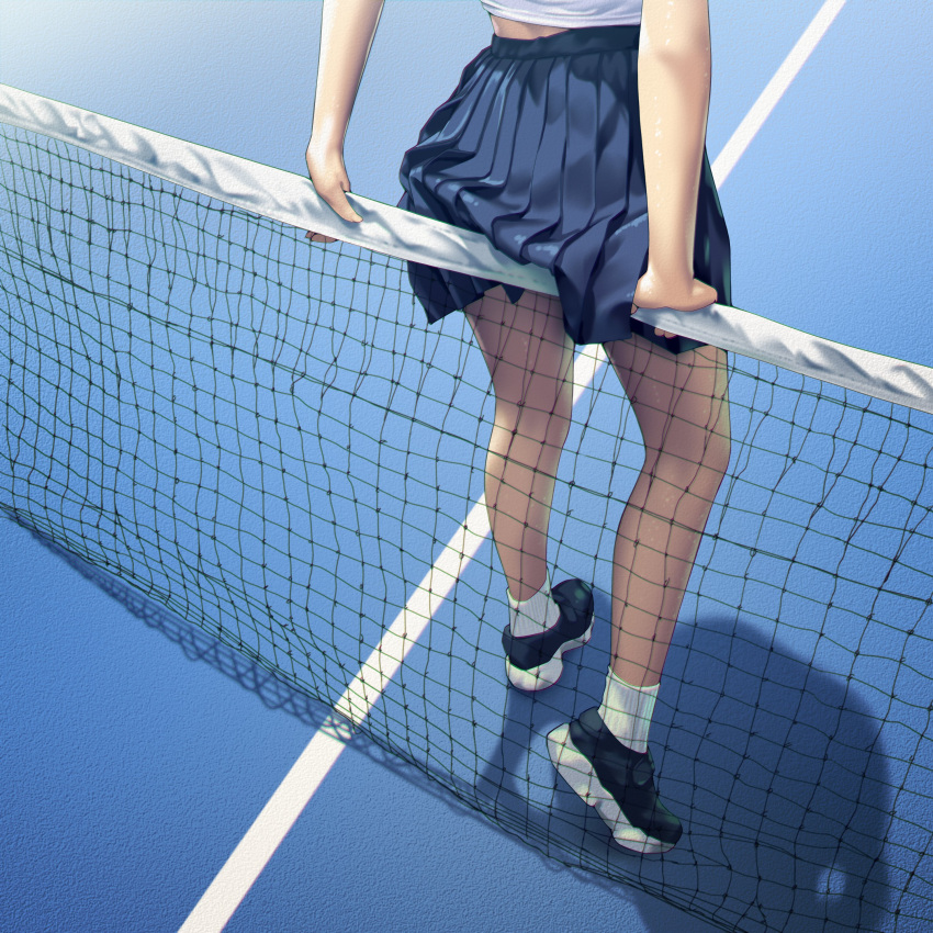 1girl a.x. absurdres black_footwear blue_skirt day highres leaning_on_object original outdoors pleated_skirt shadow skirt solo tennis_court tennis_net