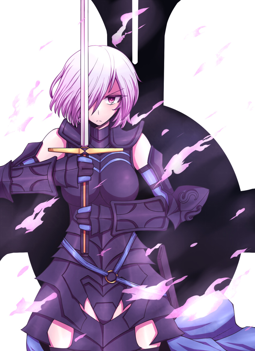 1girl armor armored_dress black_dress blue_gloves boobplate breasts closed_mouth commentary_request cowboy_shot cross dress elbow_gloves fate/grand_order fate_(series) fire frown gauntlets gloves hair_between_eyes hair_over_one_eye highres holding holding_sword holding_weapon kuri_dora long_bangs looking_at_viewer mash_kyrielight medium_breasts o-ring pauldrons pink_fire pink_hair purple_eyes short_hair shoulder_armor solo split_mouth sword v-shaped_eyebrows weapon white_background