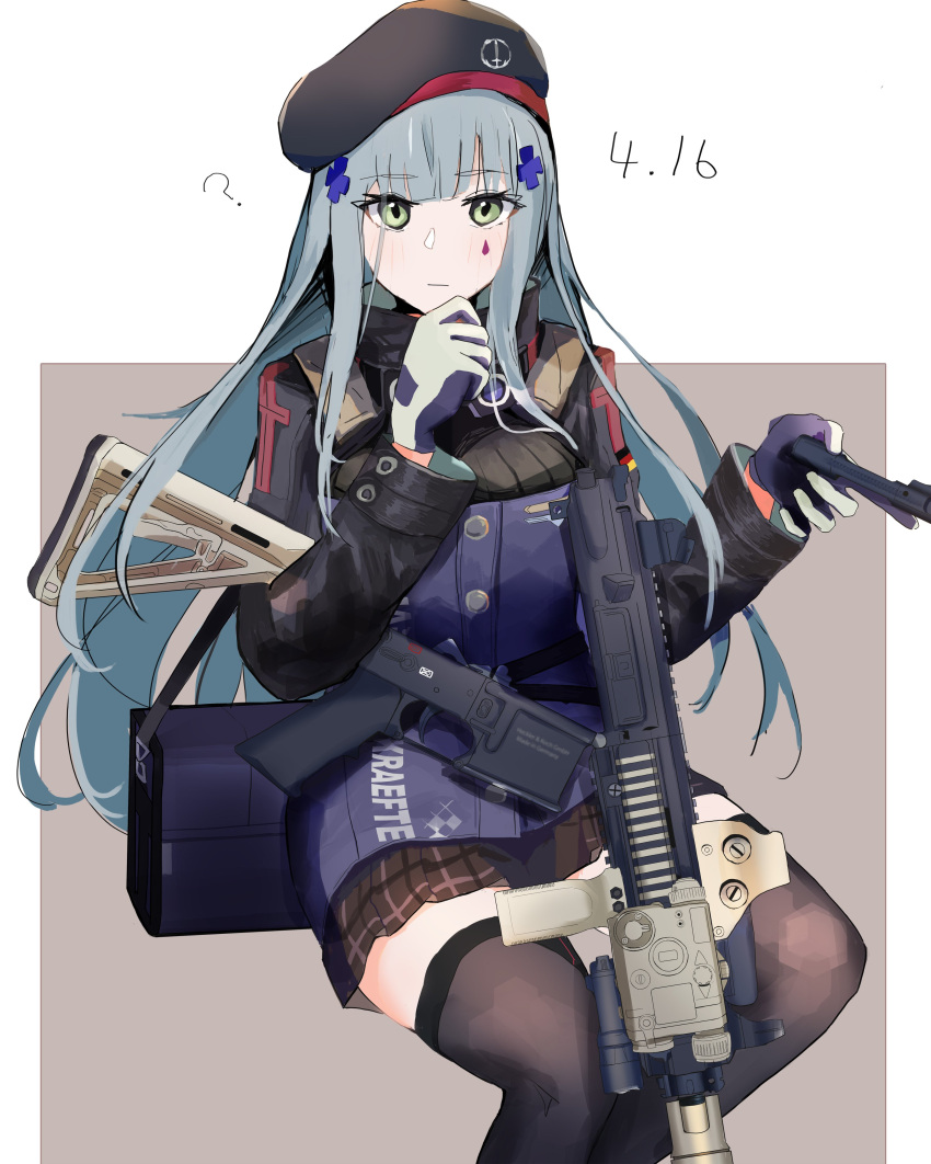 1girl 416_day ? absurdres assault_rifle beret black_headwear blush commentary_request dated disassembly facial_mark girls'_frontline gloves green_eyes grey_hair gun h&amp;k_hk416 hair_ornament hand_on_own_chin hat highres hk416_(girls'_frontline) holding jacket long_hair looking_at_viewer pleated_skirt reraise rifle sidelocks simple_background skirt solo straight-on thighhighs weapon