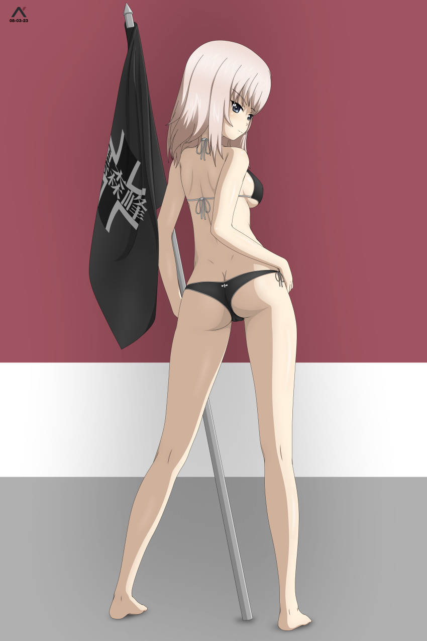 1girl absurdres acrux ass back barefoot bikini black_bikini blue_eyes butt_crack closed_mouth commentary emblem english_commentary flag from_behind full_body girls_und_panzer grey_background grey_hair halterneck hand_on_own_hip highres holding holding_flag itsumi_erika kuromorimine_(emblem) looking_at_viewer looking_back lowleg lowleg_bikini medium_hair red_background side-tie_bikini_bottom smile solo standing swimsuit
