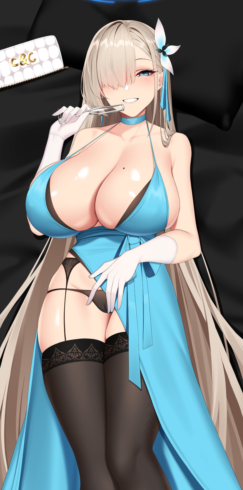 1girl absurdres alternate_costume asuna_(blue_archive) black_panties blue_archive blue_eyes blush bra breasts chixiao cleavage garter_belt gloves grin hair_over_one_eye highres huge_breasts lace_trim lingerie long_hair looking_at_viewer mole mole_on_breast panties seductive_smile smile solo thighhighs underwear white_gloves