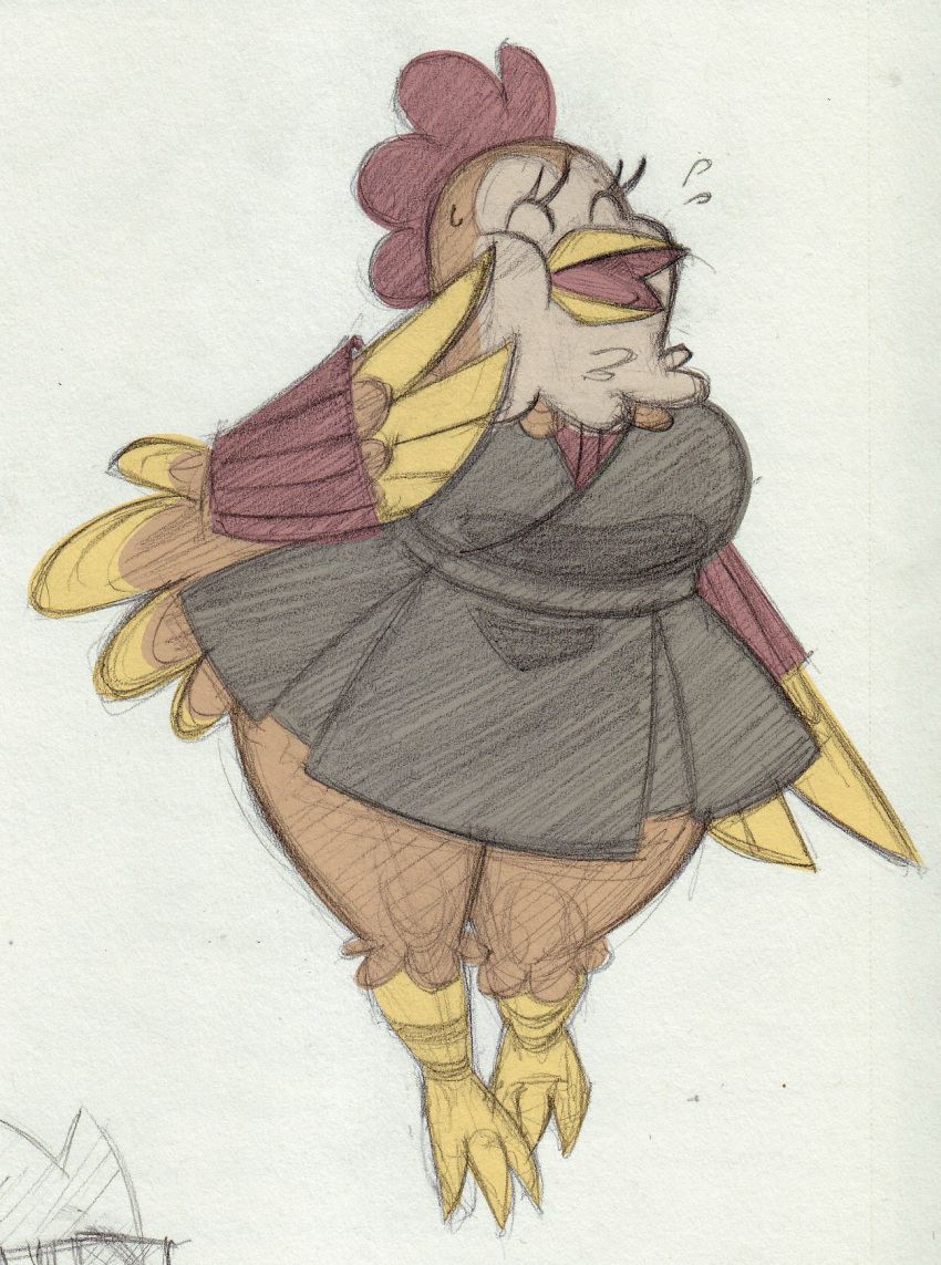 3_toes animal_crossing anthro ava_(animal_crossing) avian avian_caruncle beak big_breasts bird black_clothing black_dress blush blush_lines bodily_fluids bottomwear breasts brown_body brown_feathers chicken clothing colored_sketch comb_(anatomy) cropped dress eyelashes eyes_closed feather_hands feathers feet female flustered galliform gallus_(genus) guide_lines happy head_crest hi_res nintendo open_mouth phasianid red_clothing red_sweater red_topwear scuted_legs scutes shirt sketch skirt solo squealydealy sweat sweatdrop sweater tail_feathers thick_thighs toes topwear wide_hips winged_arms wings yellow_body yellow_feathers