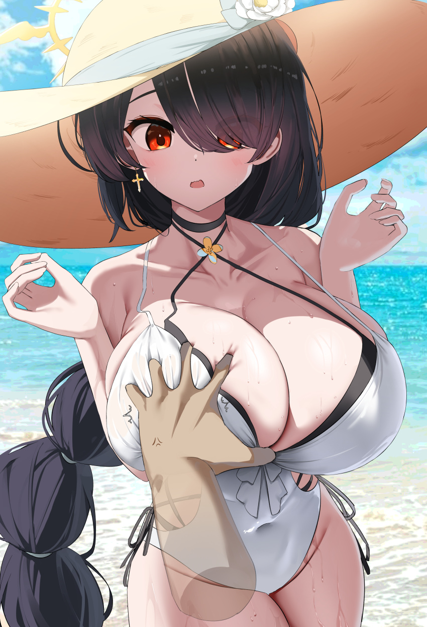1boy 1girl absurdres beach black_hair blue_archive breasts cleavage criss-cross_halter cross cross_earrings earrings grabbing grabbing_another's_breast hair_over_one_eye halo halterneck hat hetero highres hinata_(blue_archive) hinata_(swimsuit)_(blue_archive) huge_breasts jewelry long_hair nicorima official_alternate_costume one-piece_swimsuit outdoors pov solo_focus sun_hat swimsuit white_one-piece_swimsuit white_swimcap