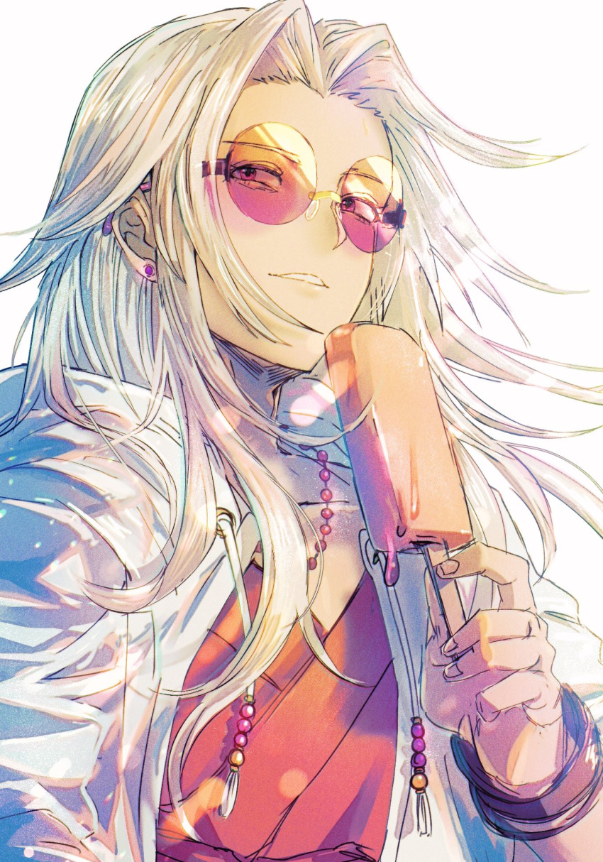 1boy collarbone earrings food highres jewelry long_hair male_focus miyama_(lacrima01) necklace popsicle rouge_(saga_frontier) saga saga_frontier simple_background single_earring smile solo sunglasses white_background white_hair