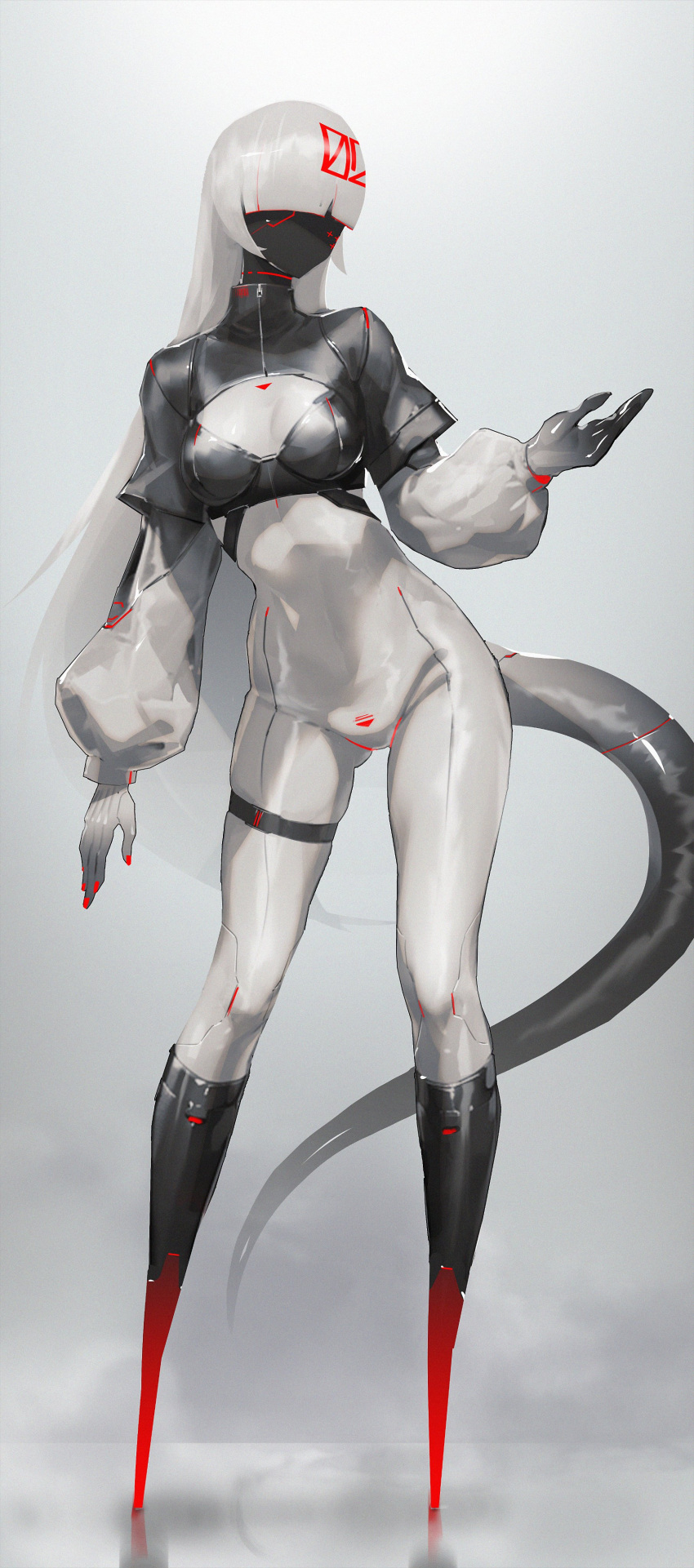 1girl absurdres black_skin bodysuit breasts colored_skin echanis_enicha full_body grey_background grey_hair highres long_hair medium_breasts monster_girl multicolored_skin nail_polish no_eyes no_feet no_mouth no_nose original shrug_(clothing) skindentation solo standing tail thigh_strap two-tone_skin very_long_hair white_bodysuit white_skin