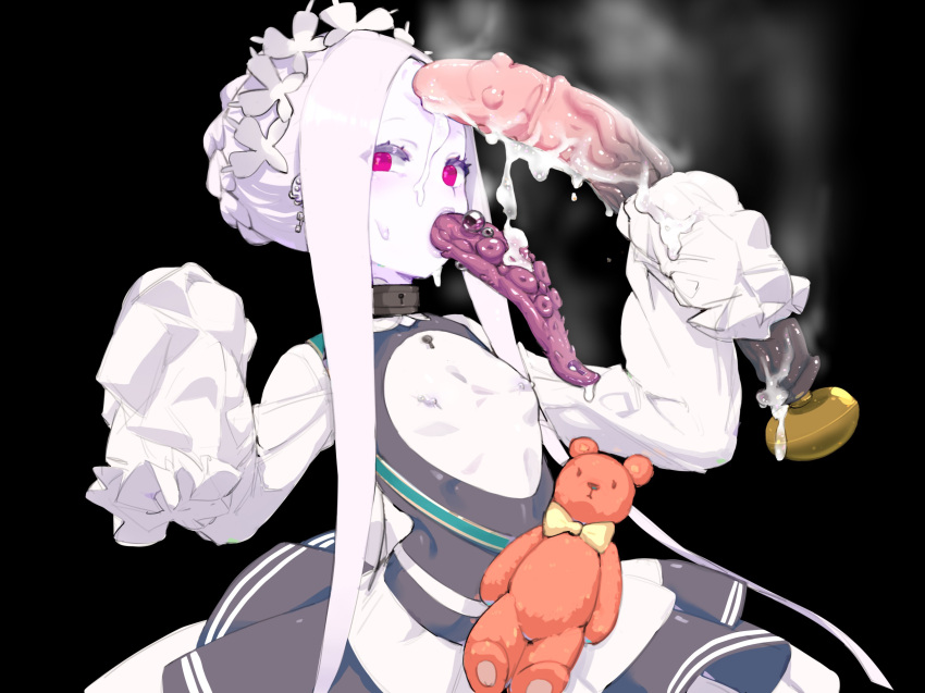 1girl abigail_williams_(fate) abigail_williams_(festival_outfit)_(fate) black_background breast_cutout breasts colored_skin dildo fate/grand_order fate_(series) highres hitobashira_(1746164306) holding holding_sex_toy huge_dildo keyhole long_hair long_tongue nipple_piercing parted_bangs piercing red_eyes sex_toy sidelocks simple_background skull_fucking sleeves_past_fingers sleeves_past_wrists small_breasts solo stuffed_animal stuffed_toy suction_cups teddy_bear tongue tongue_out upper_body white_hair white_skin