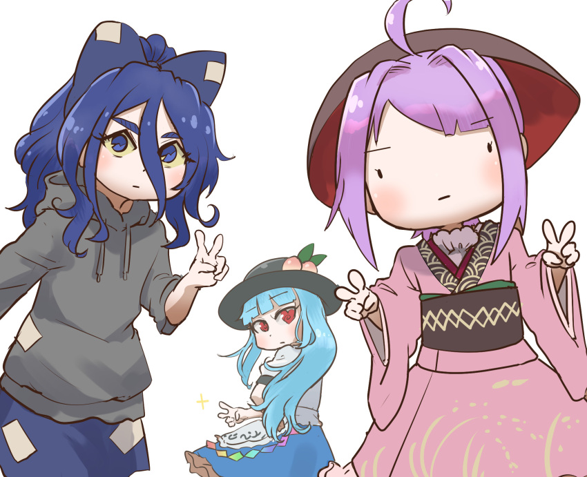 3girls ahoge black_headwear blue_eyes blue_hair bow bowl bowl_hat chamaji commentary_request debt double_v food fruit fruit_hat_ornament hair_between_eyes hair_bow hand_on_hip hat highres hinanawi_tenshi hood hoodie japanese_clothes kimono long_hair looking_at_viewer medium_hair multiple_girls obi peach peach_hat_ornament pink_kimono purple_hair red_eyes sash short_sleeves skirt sparkle sukuna_shinmyoumaru touhou v white_background yorigami_shion