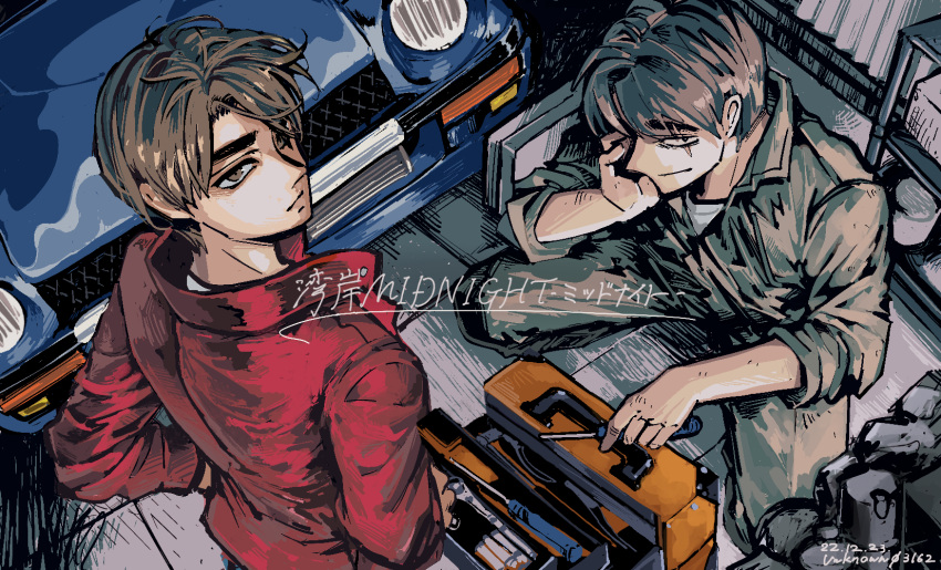 2boys artist_name asakura_akio black_eyes brown_eyes brown_hair car closed_mouth commentary_request copyright_name dated datsun_240z devil_z expressionless full_body grey_hair grey_jumpsuit hand_on_own_cheek hand_on_own_face highres jacket jumpsuit kitami_jun long_sleeves looking_at_viewer looking_back male_focus medium_bangs motor_vehicle multiple_boys nissan_fairlady_z red_jacket scar scar_across_eye screwdriver short_hair sleeves_rolled_up smile squatting toolbox unknown03162 upper_body wangan_midnight
