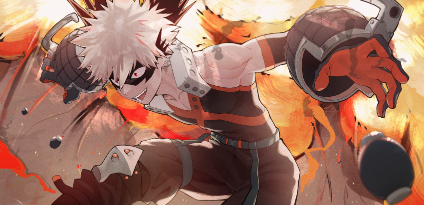 1boy bakugou_katsuki belt black_gloves black_mask black_pants black_shirt boku_no_hero_academia explosion explosive eye_mask fighting_stance gloves grenade grey_belt highres male_focus nmm open_mouth pants pectoral_cleavage pectorals red_eyes red_gloves shirt smoke solo spiked_hair teeth toned toned_male two-tone_gloves white_hair