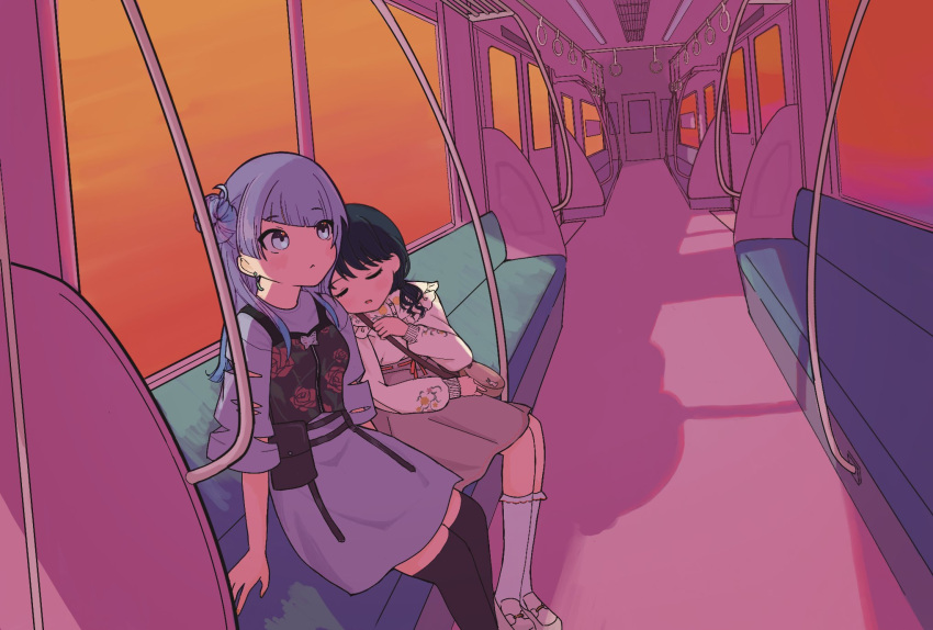 2girls bangs black_hair diagonal_bangs dress fukumaru_koito hair_bun highres idolmaster idolmaster_shiny_colors kitp kneehighs leaning_on_person low_twintails miniskirt multiple_girls purple_dress purple_eyes purple_hair single_side_bun sitting skirt sleeping sleeping_on_person socks swept_bangs tanaka_mamimi thighhighs train_interior twintails